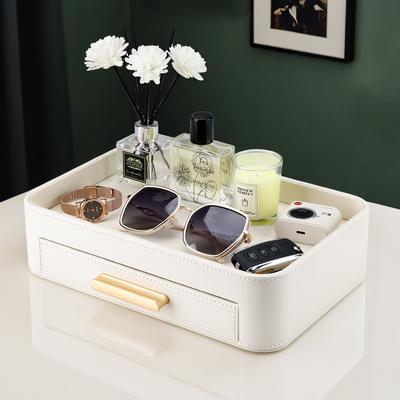 Cream Leather Storage Tray with Drawers, Decorative Vanity Organizing Tray, Desktop Perfume and Jewelry Tray