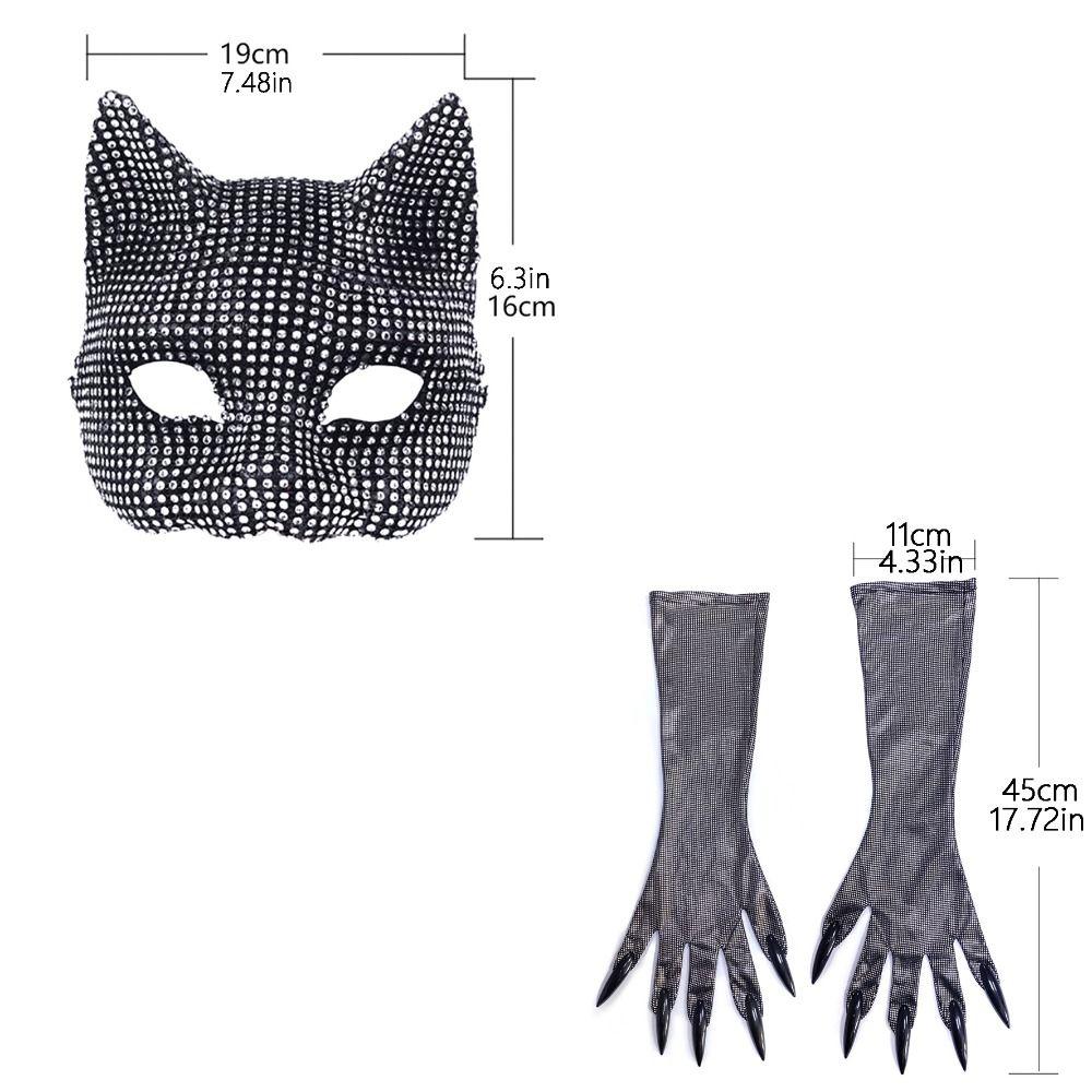 Rhinestone Cat Girl Mask Gloves Set Cosplay Prop Masquerade Gloves  Dance Performance