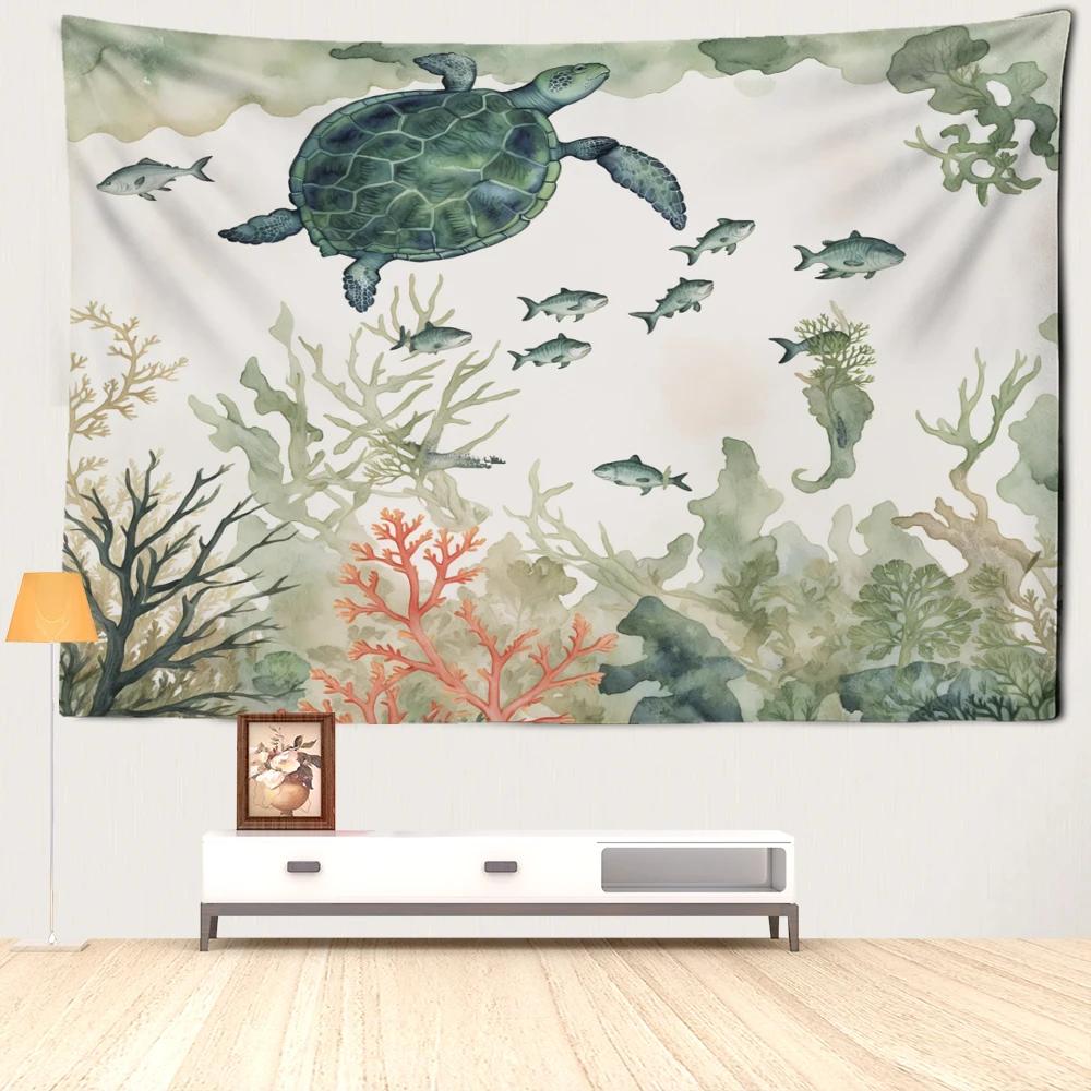 Green Turtle Small Fish Seaweed Tapestry Wall Hanging Natural Art Scenery Bohemian Dormitory Bedroom Home Decor