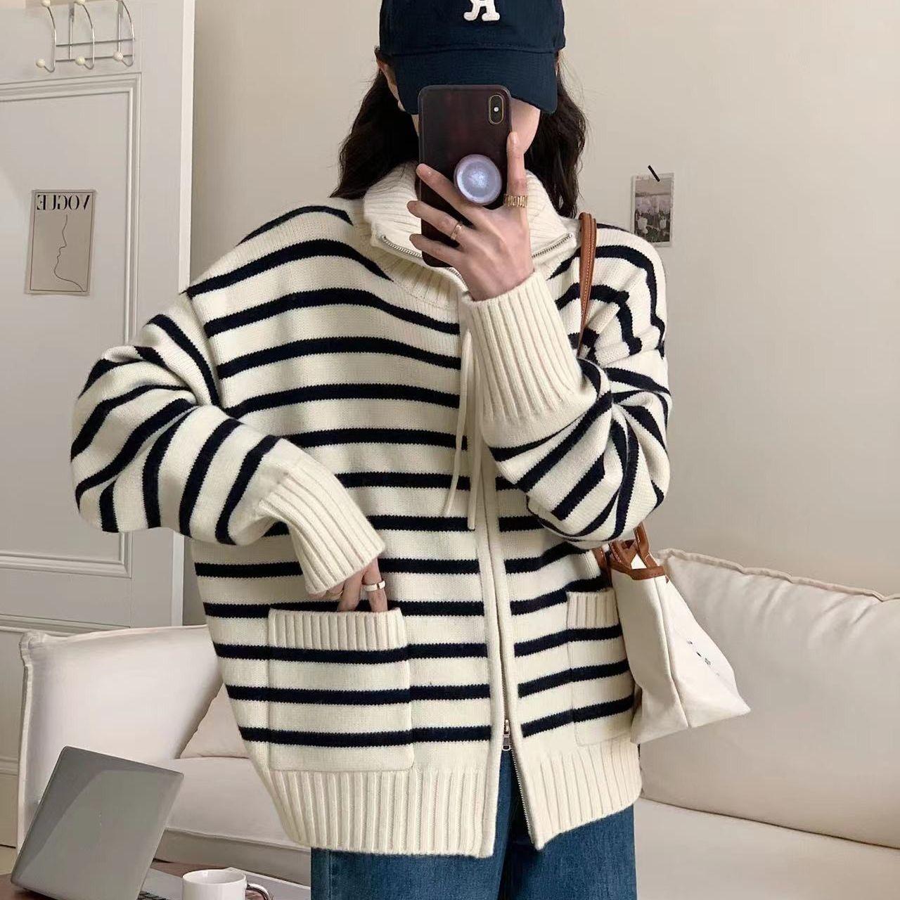 

Осень зима новый женский корейский стиль свободный модный поло воротник полосатый вязаный кардиган теплый свитер на молнии куртка One Size белый