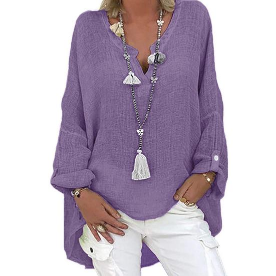 Women Shirt V-Neck Long Sleeve Mid-length Casual Tops Solid Color Loose Fit Cotton Linen Tee Shirt Daily Wear