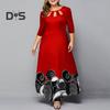 Women O Neck 3/4 Sleeve Maxi Dress Hollow Out Printing Loose Hem High Waist A Line Gown Long Dress Female Clothing