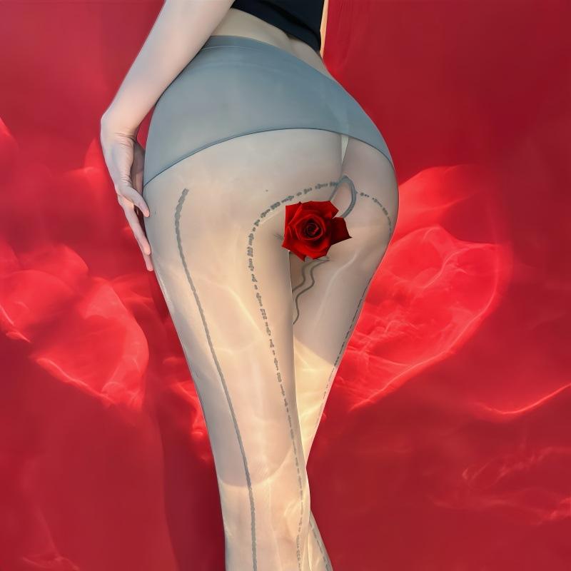 Open Vertical Stripes Seamless Crotch Black Stockings Lace Jacquard Aurora Pantyhose Thin Sexy Silky Shiny