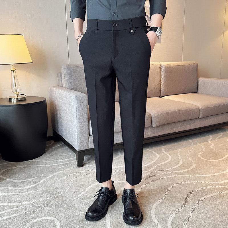 

New Spring and Autumn High End Fashion Business Casual High Waist Button Pocket Hanging Straight Crop Suit Pants for Men 33 чорний