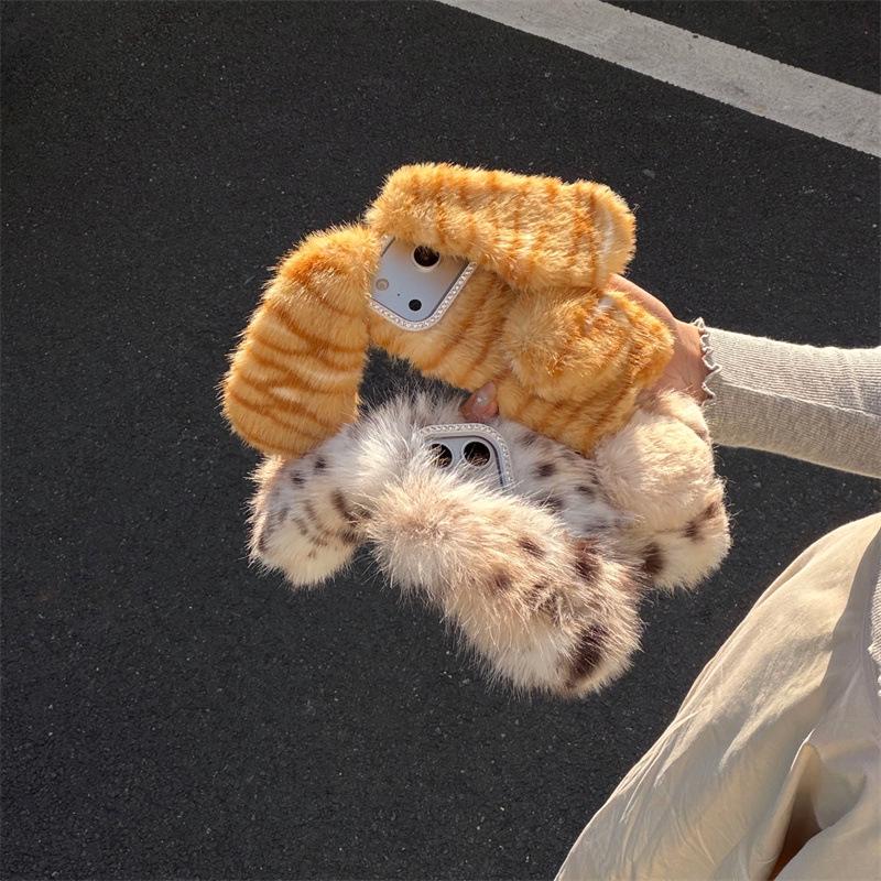 Leopard Print Plush Cat Ear Anti-Drop Phone Case for iPhone 14/13/12/11 PRO/MAX