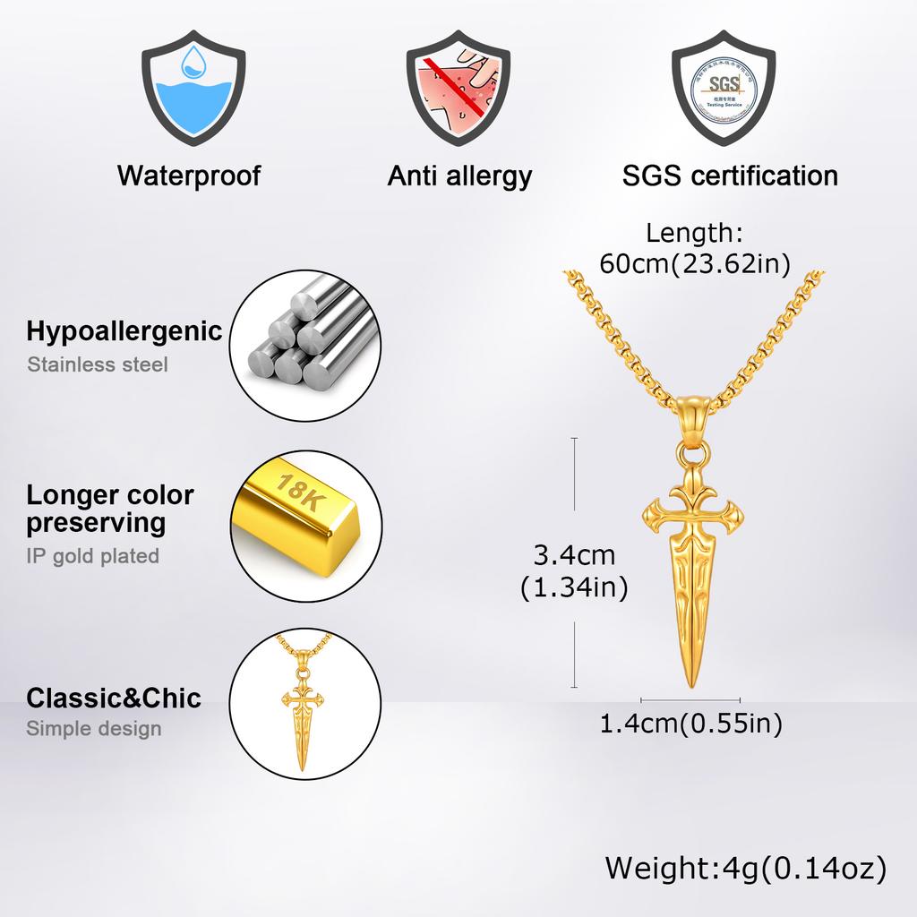 Fashion Punk Cross Sword Pendant Necklace for Men, Gold Silver Color Stainless Steel Chain Necklace, Creative Cool Jewelry