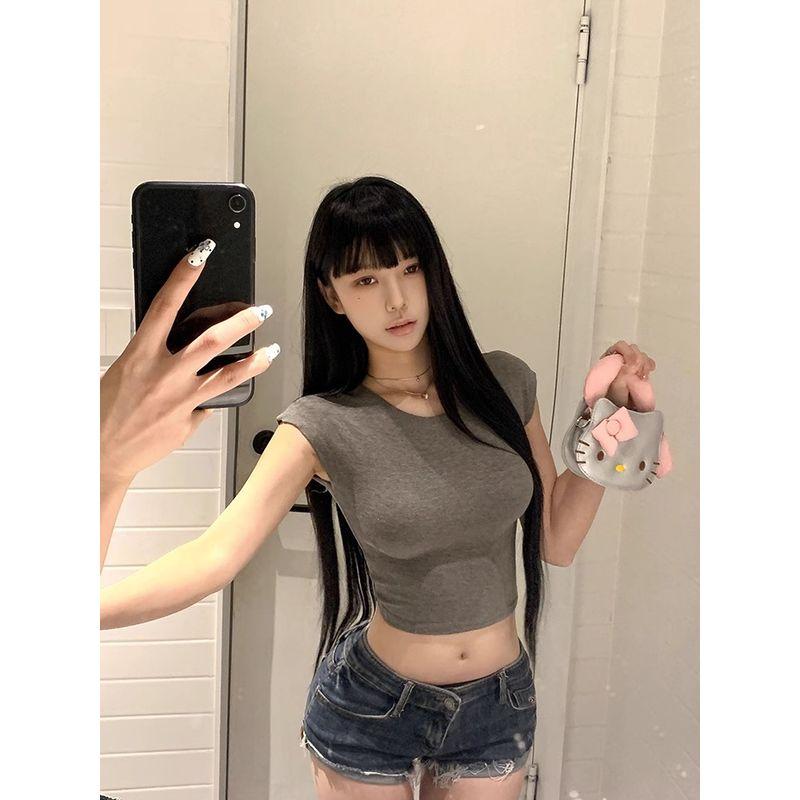 American Style Sexy Pure Desire Style round Neck Shoulder Short Sleeve T-shirt Female Summer Apricot Silm Slim Looking Short Midriff-Baring Top