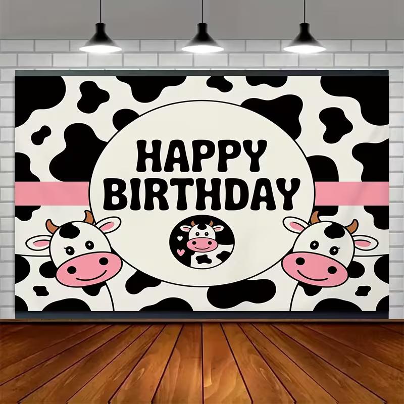 2D Flat Printing Cow Pattern Happy Birthday Backdrop for Girls Boys Birthday