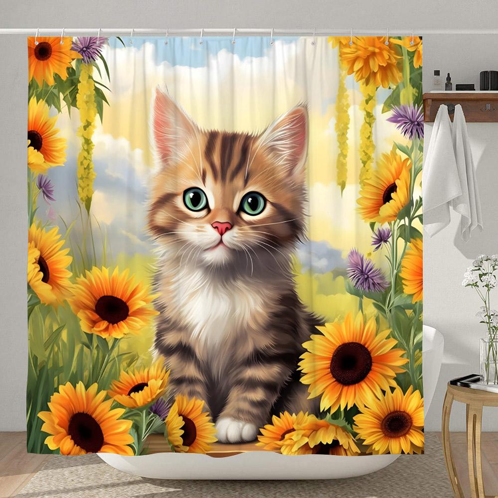 Farm Funny Animals Shower Curtain Highland Cow Cat Sunflower Floral Rustic Country Home Polyester Fabric Curtains Bathroom Decor