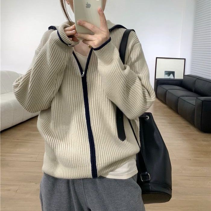 Sweater jacket zipper stand-up collar lazy new thickened loose women's Korean fashion color matching top