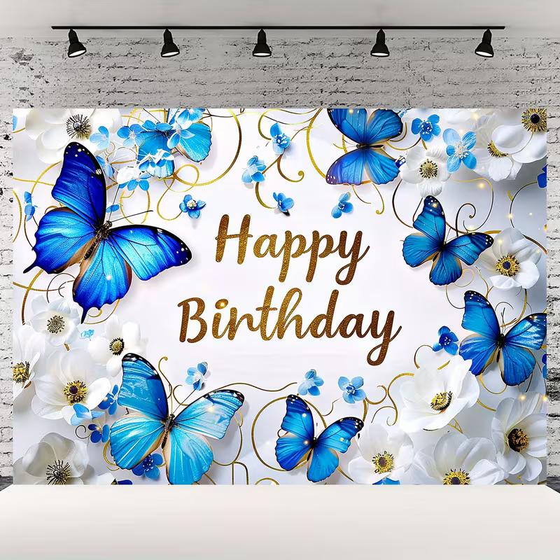 2D Butterfly Happy Birthday Backdrop, Blue & Gold Floral Banner, Kids Birthday Party Photography Decor