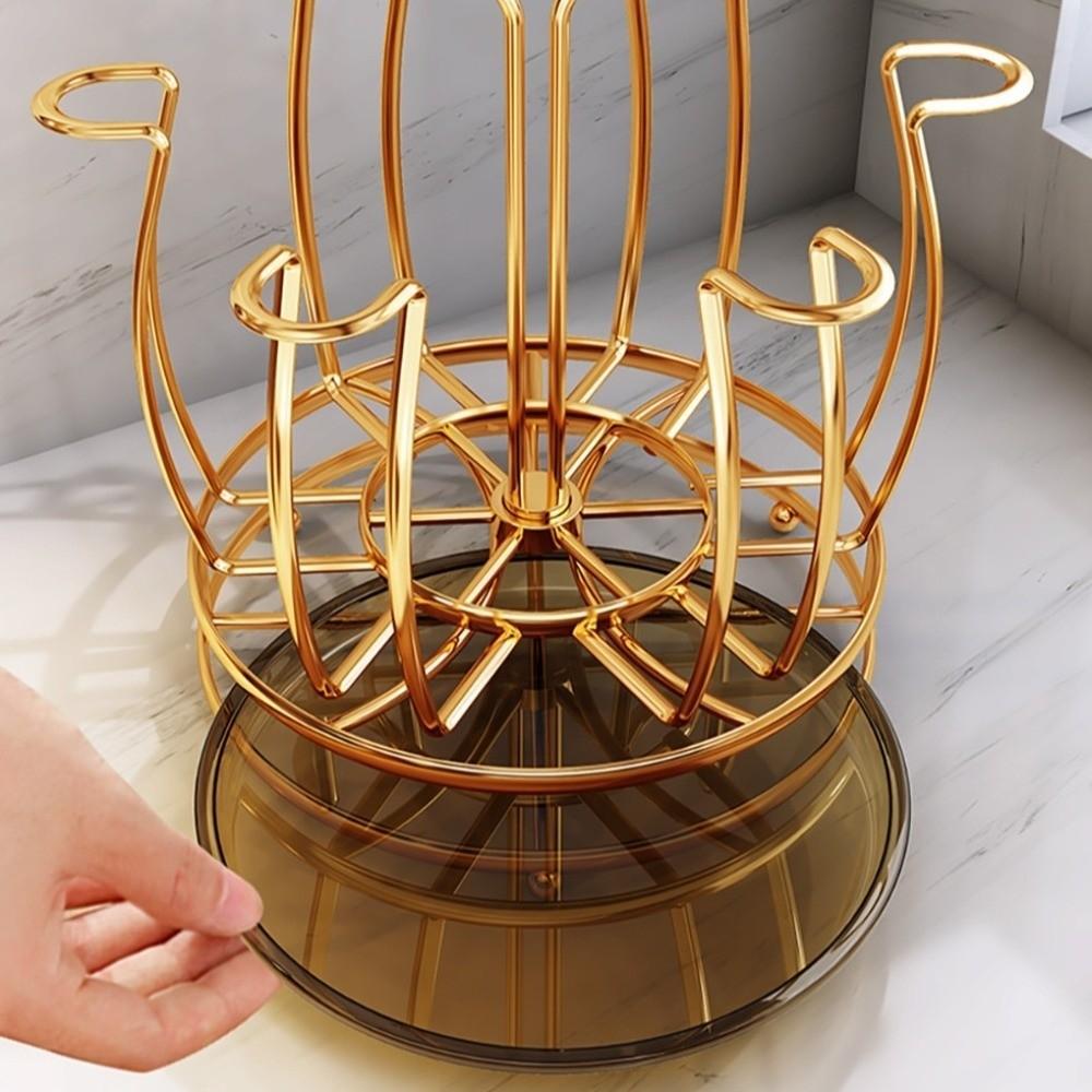 Large Capacity Cup Holder with Water Drain Tray 360° Rotation Glass Cup Storage Rack Bar