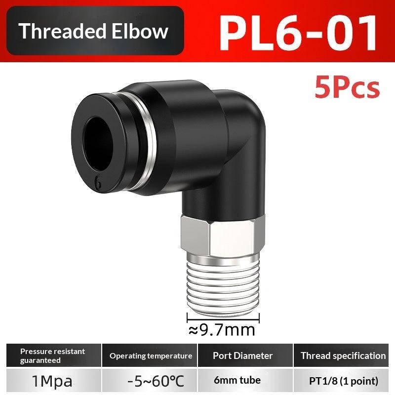 5Pcs 90 Degree Push Fit Copper Air Tube Connector Black Industrial Pneumatic Pl6-01/Pl6-02/Pl8-02/Pl8-03/Pl10-03/Pl12-03