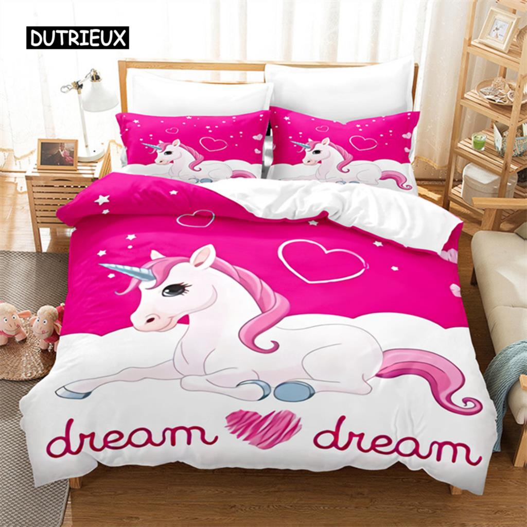 Duvet Cover Cartoon Unicorn Floral Bedding Set Microfiber Flying Horse Comforter Cover Full Queen Children Girls Bedroom Decor
