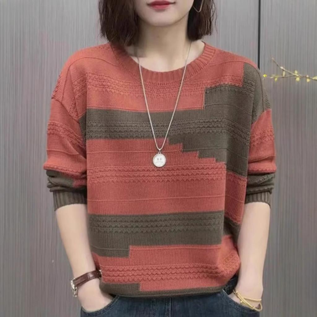 Retro Round Neck Color Matching Knitted Sweater Women's Spring and Autumn Live Broadcast Popular Fashion Casual Versatile Foreign Style Long-sleeved