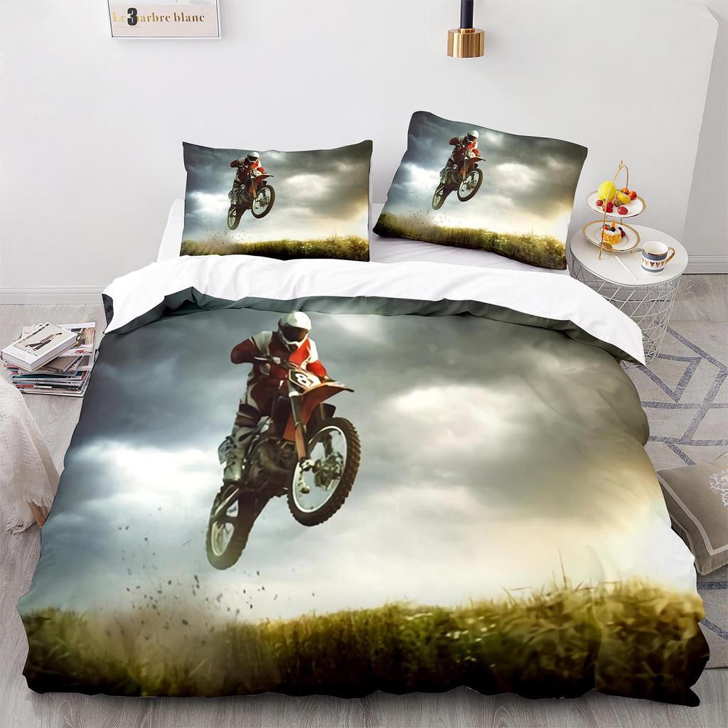 3D Digital Printing Three-Piece Set, Motorcycle Quilt Cover Bed Sheet Kit