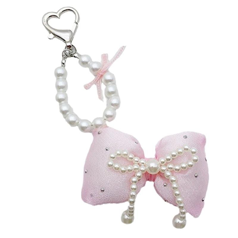 Colorful Keyring Imitation Pearl Beaded Butterfly Phone Chain Stylish Bowknot Charm Keychain Wallet Camera Decoration