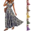 Rochie Maxi Vintage cu Imprimeu Floral pentru Femei, Decolteu în V, Mânecă Scurtă, cu Design în Talie, Elegantă, Fluidă, Lungă, pentru Purtare Zilnică