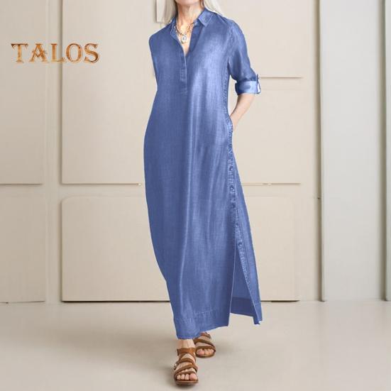 Dame Denim Maxi Kjole Casual Opprullede Ermer Splittkjole med Lommer Pluss Størrelse Knappelukking Revers V-hals Lang Kjole