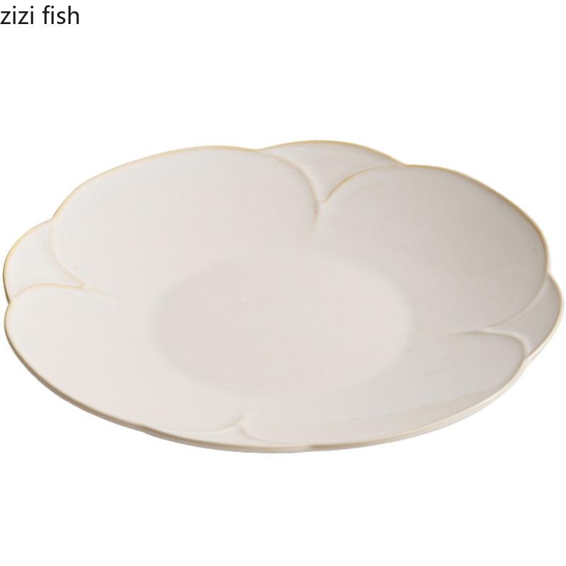 Creative Beige Petal Edge Ceramic Flat Plate Restaurant Irregular Steak Plate Dessert Plate Sushi Plates Specialty Tableware