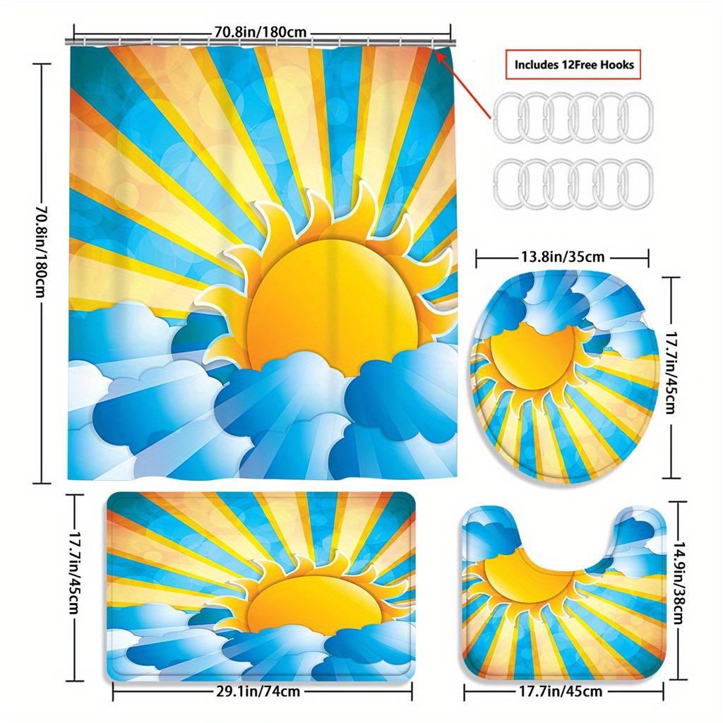 4pcs shower curtain Bathtub Curtain Shower Curtain with 12 Hooks Non-slip Bath Blanket Toilet U-shaped Mat Toilet