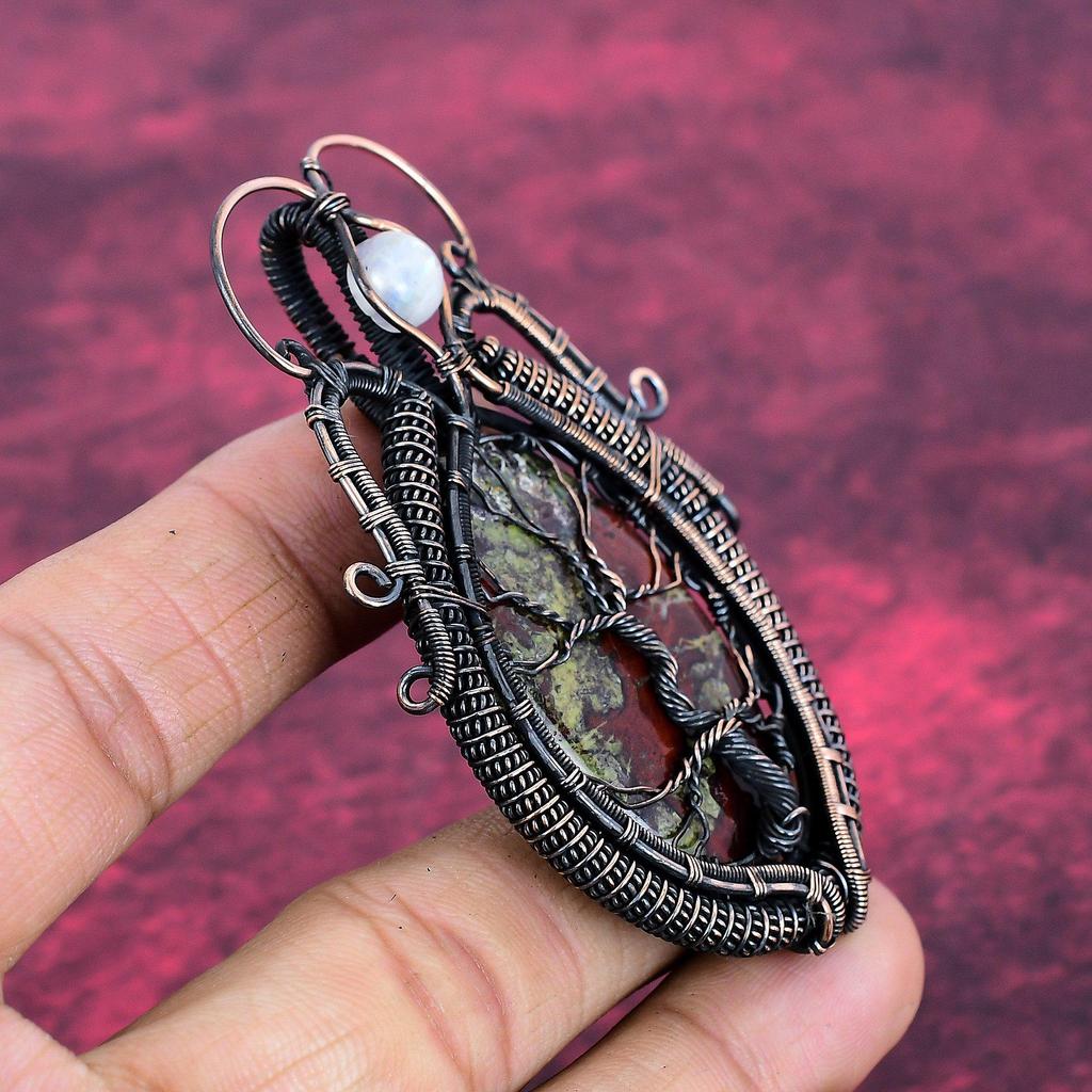 Tree Of Life Dragon Bloodstone Pendant Rainbow Moonstone Pendant Copper Wire Wrapped Jewelry