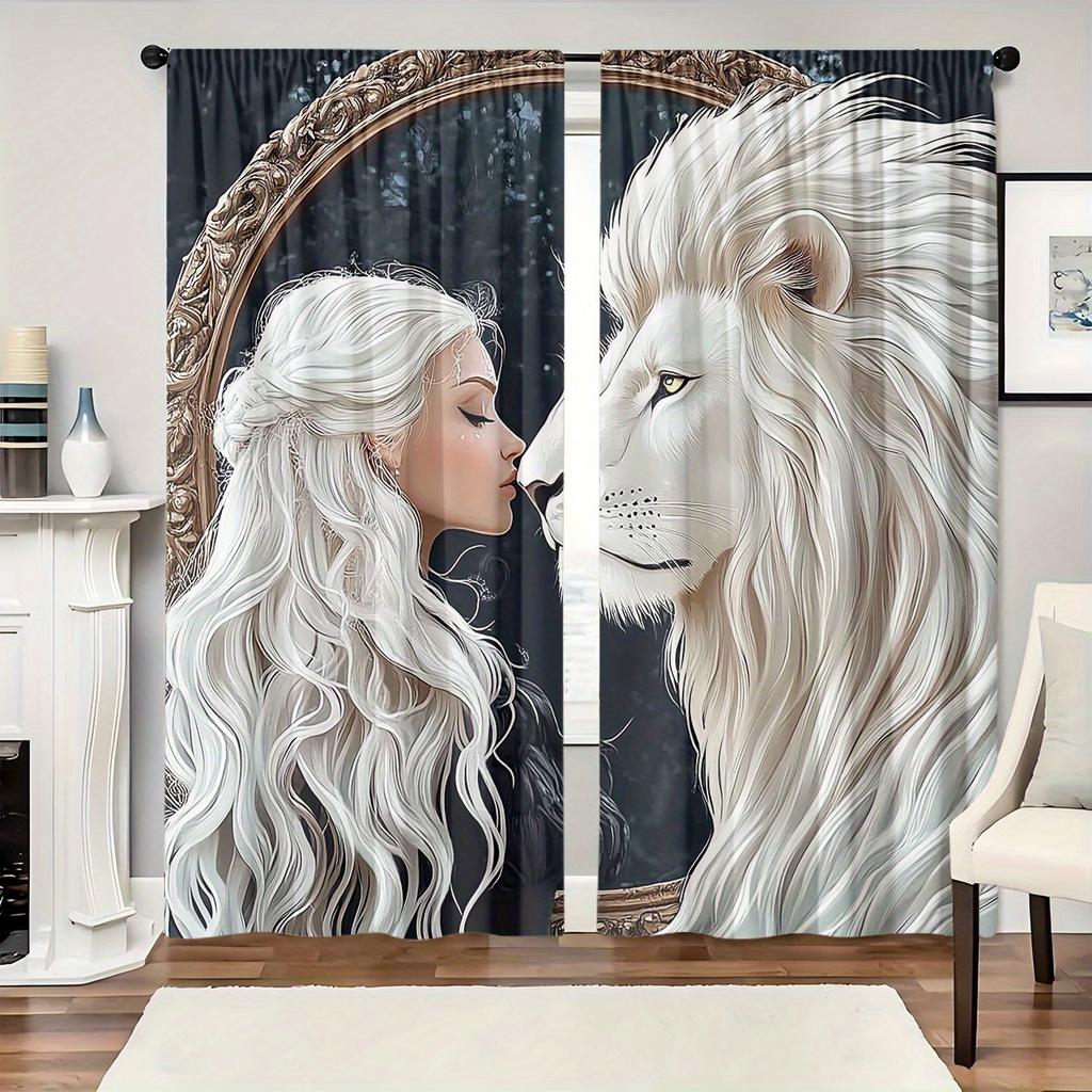 Set Of 2 White Haired Girl Lion Curtains Bedroom Living Room Office Curtain Sheer With Rod Pocket Polyester Ideal For Sitting