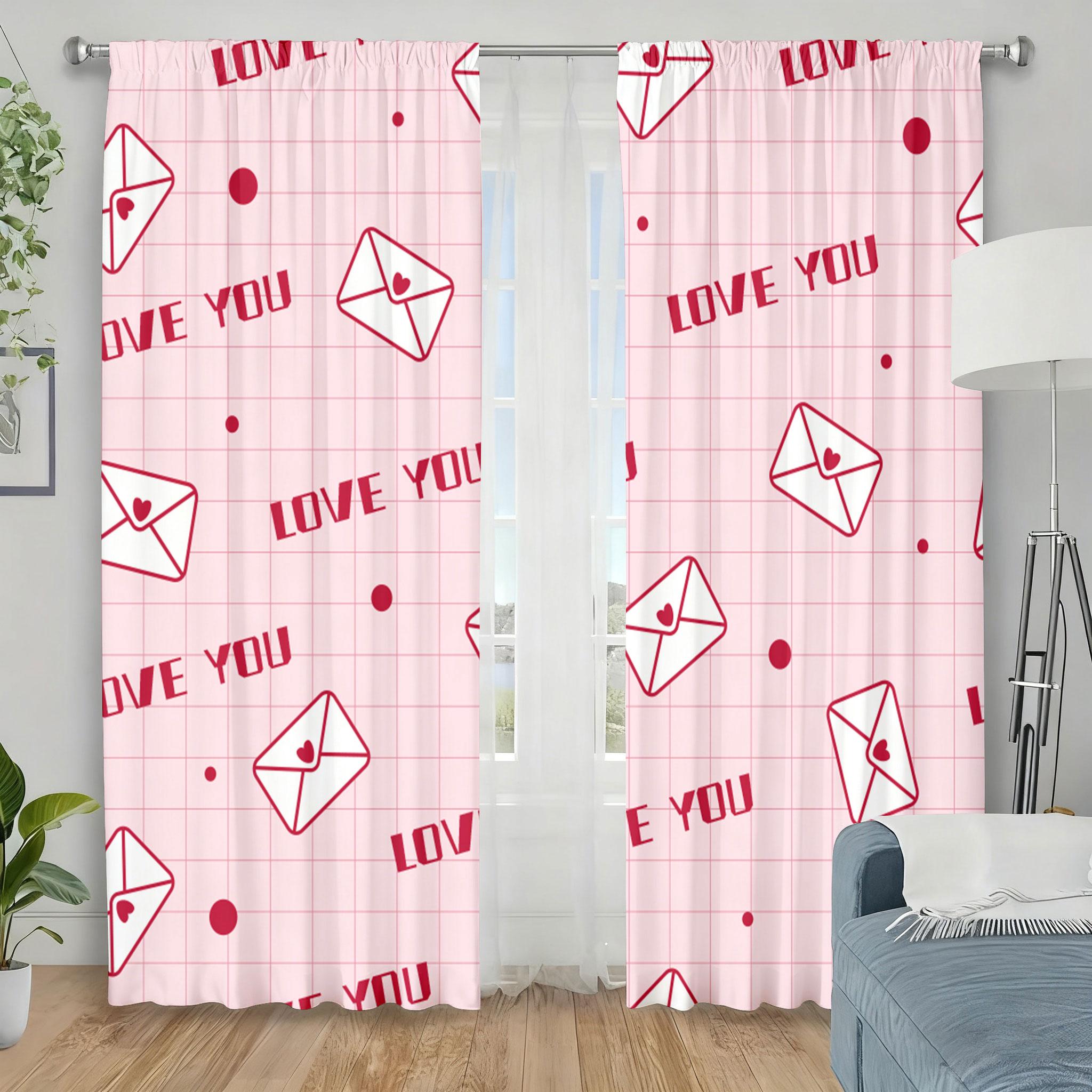 

Set Of 2 Pink Grid Love You Envelope Curtain Sweet Confession Bedroom Living Room Drawbar Pocket Decoration Curtains Made Polyester Window Treatment W100*H70(CM)-Hooks&1PCS