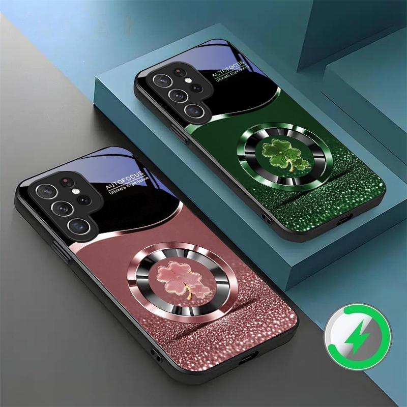 Purple Four Leaf Flower For Samsung Galaxy S20 FE S21 22 23 Plus S24 Ultra S25 Edge S24Ultra For Magsafe Glass Phone Casee