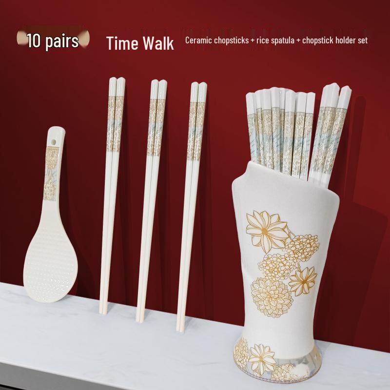 Jingdezhen Ceramic 10-Pair Chopstick Set with Rice Spoon & Holder