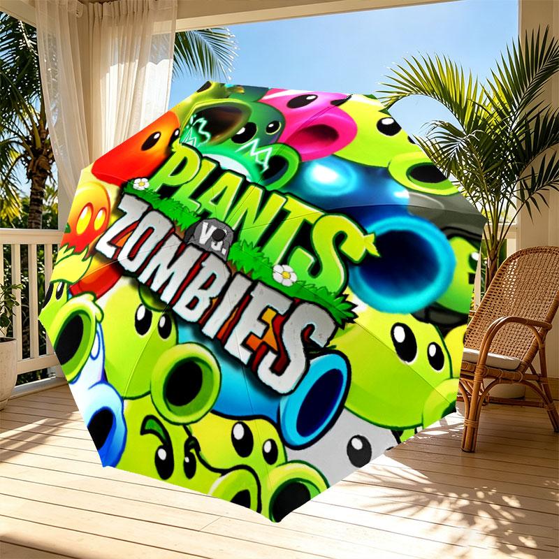 Plants Vs. Zombies Print Automatic Open Close Umbrella, Portable Foldable Umbrella, for Outdoor Commute Camping Trip, Ideal Birthday Gift
