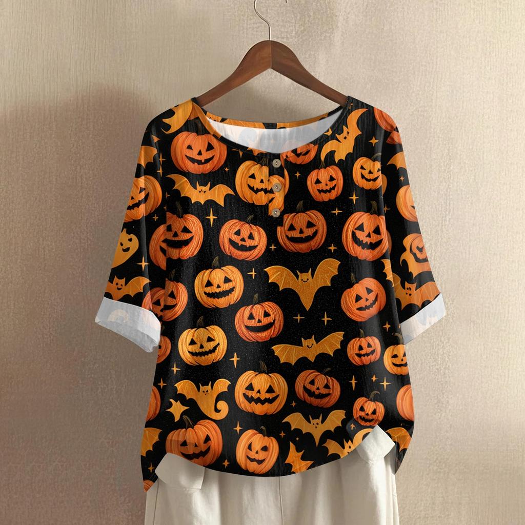Women's Casual Mid Sleeved Round Neck Halloween Printed Cotton And Linen Top