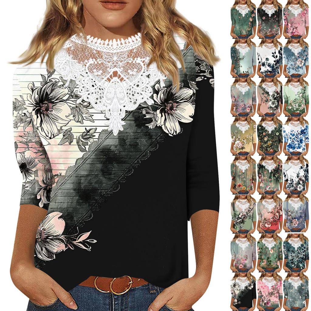 3/4 Length Sleeve Womens Tops Casual Loose Fit Lace V-neck T Shirts Cute Retro Floral Print Three Quarter Length Tunic Tops