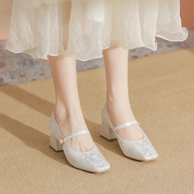 Spring Women High Heels Square Toe Mary Jane Pumps Summer Satin Party Wedding Ladies Solid Elegant Heels Zapatos Mujer