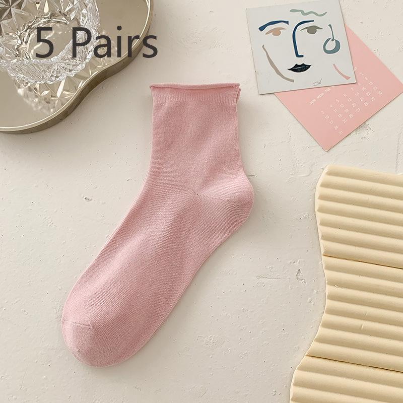 5 Pairs of Cute Candy Colored Rolled Up Mid Top Socks for Women In Summer