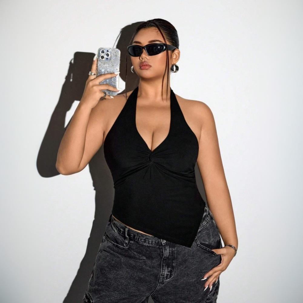 Plus Size Women Sexy Halter Backless V Neck Cropped T Shirt 1XL