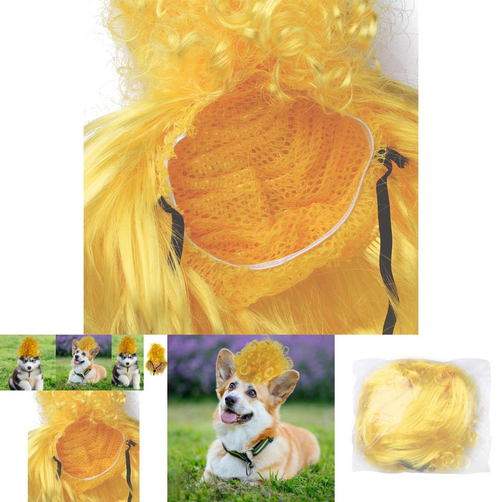 Stylish Yellow High Hat Pet Wig With Bangs Ideal For Cats And Dogs For Halloween And Christmas Celebrations