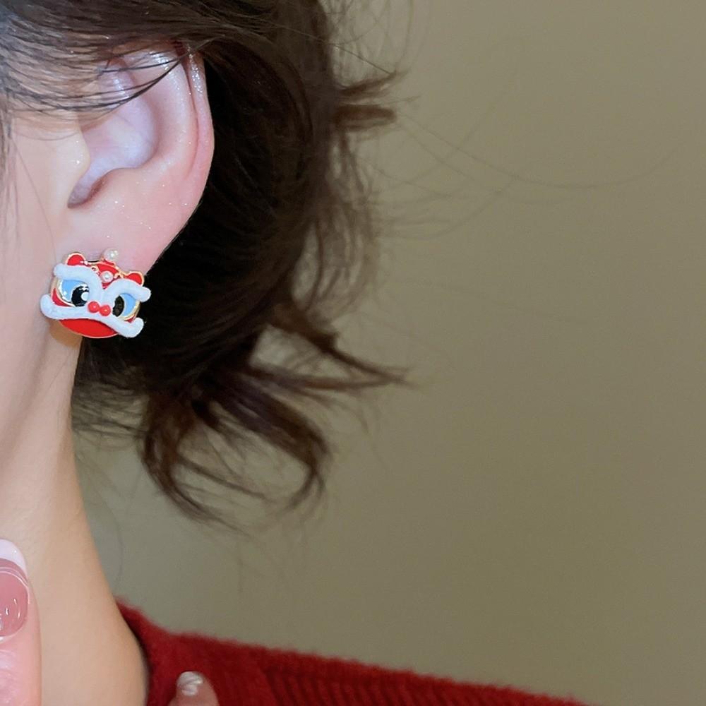 Year of Horse Lion Dance Ear Studs Awakened Lion Drop Earrings Bow Lion Dance Earrings  Wedding