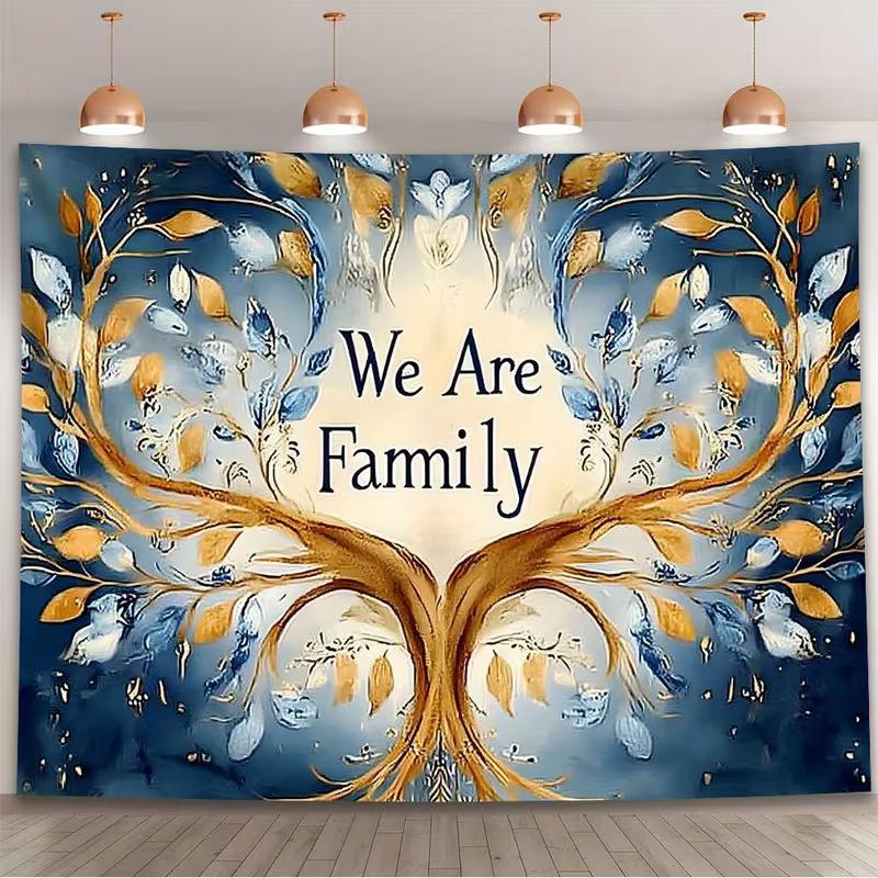 

2D Family Quote Tree of Life Tapestry Blue Gold Aesthetic Background Cloth for Living Room Bedroom 47.2x31.5inch/120*80cm