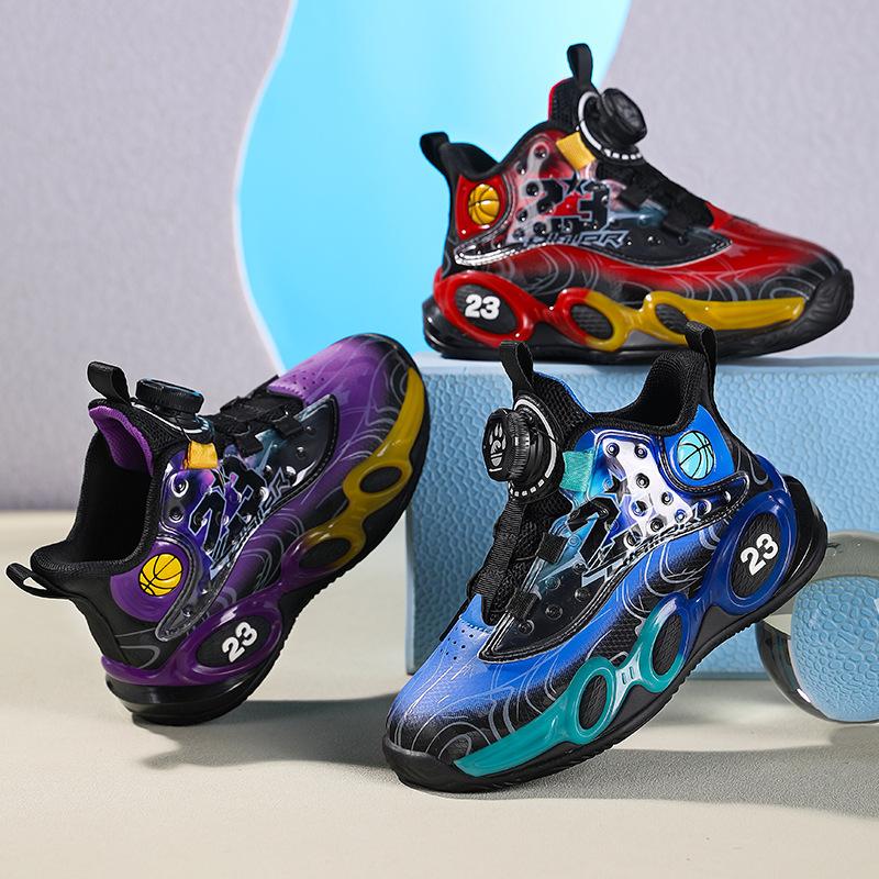 Children's basketball shoes Boys' leather waterproof and non-slip medium and older children's soft-soled sports shoes Rotary buckle explosive sneakers