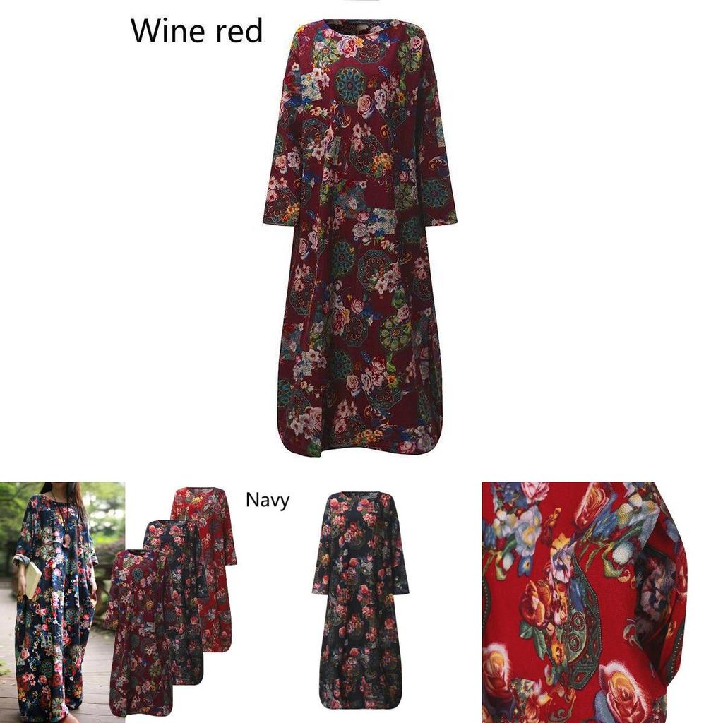 Women Vintage Casual Floral Printed Loose Dress Kaftan Long Maxi Shirt With Timeless Design