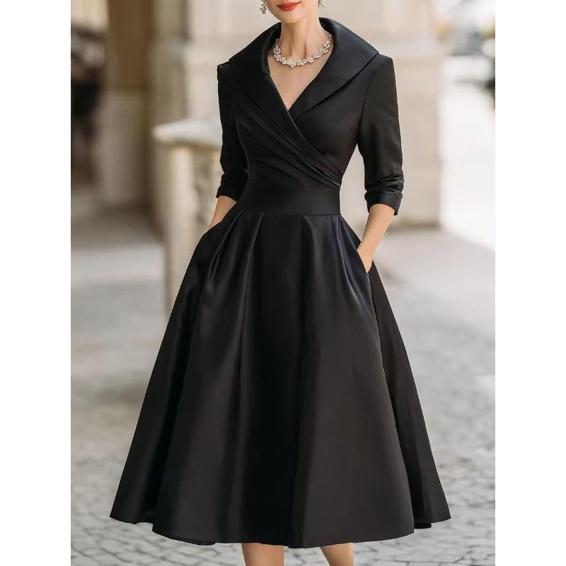 Women s Elegant Turn-Down Collar Pleated A-Line Midi Dress with Pockets S чёрный
