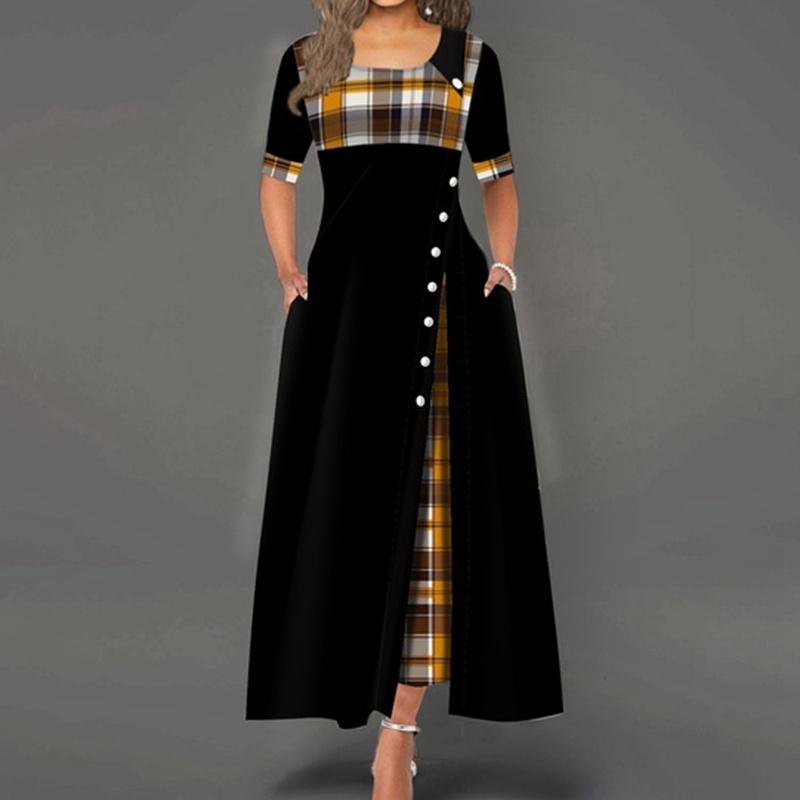 Women Fashion Casual Irregular Plaid Print Button Maxi Half Sleeve Round Neck Plus Size Party Dress