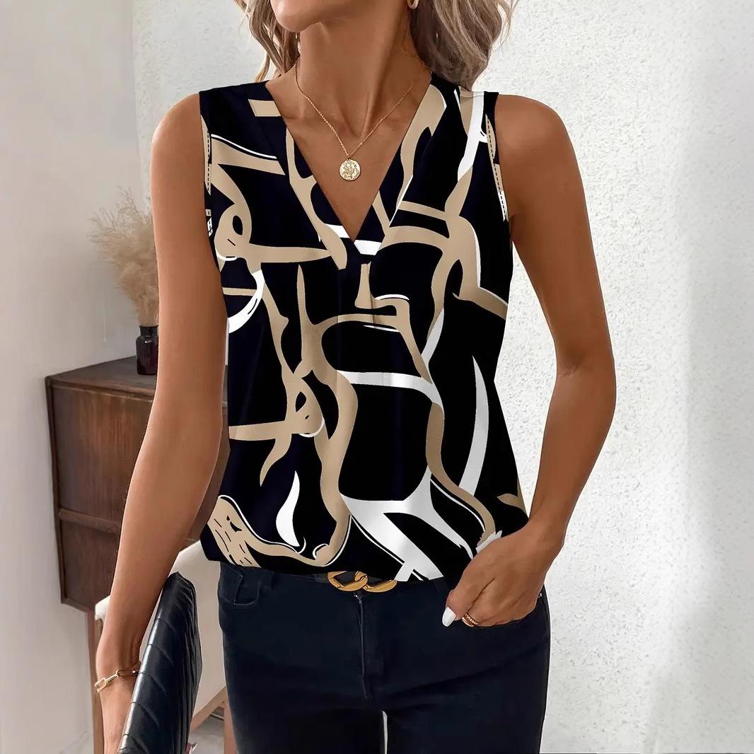 2026 European & American Women s V-Neck Printed Sleeveless Top S чёрный