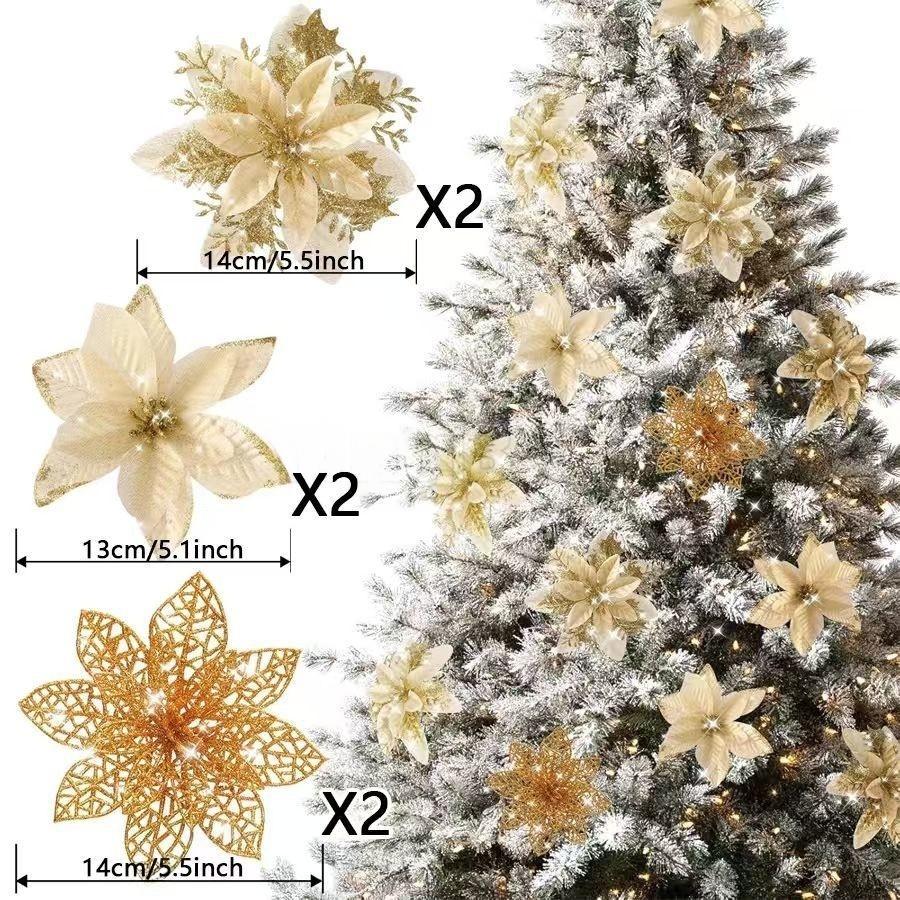 

6-24Pcs 15cm Artificial Christmas Flowers with Clips Stems, Xmas Tree Ornaments Glitter Flower for Garland New Year Party Decor