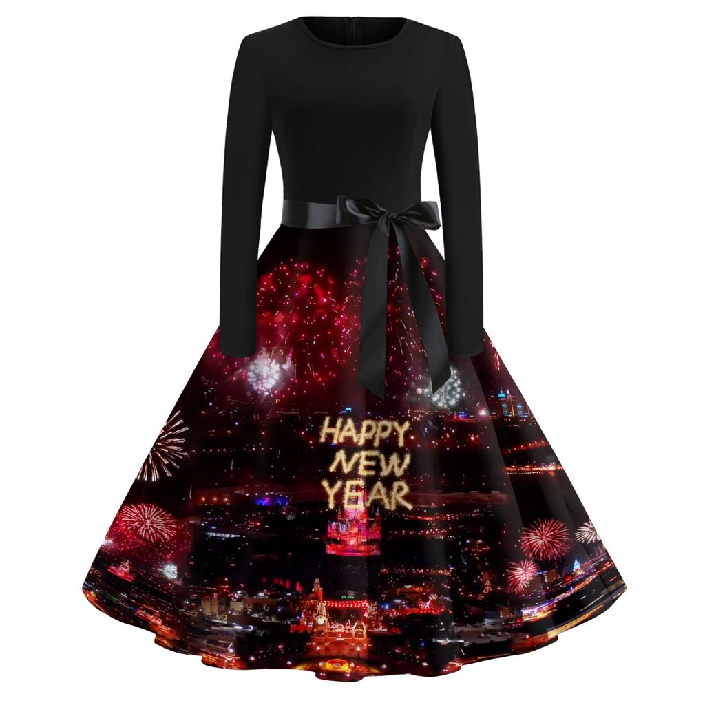 Women's Casual Fashion Round Neck Long Sleeve New Year Printed Retro Dress