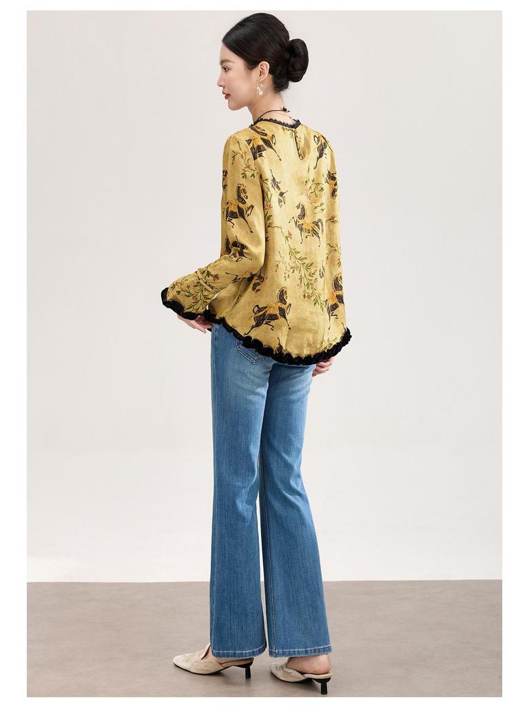 High-Quality Rayon Jacquard Patchwork Velvet Lace Women's Shirt - Early Spring, New Chinese Style