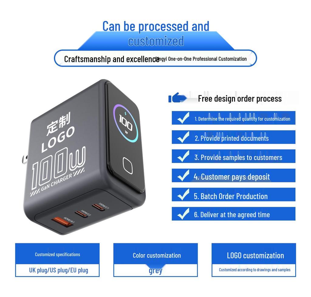 AI 100W Gallium Nitride Multi-Port Fast Charger for Laptops, Tablets, and Phones