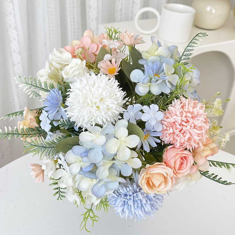 Artificial Small Fresh Silk Rose and Hydrangea Bridal Bouquet for Wedding and Decoration