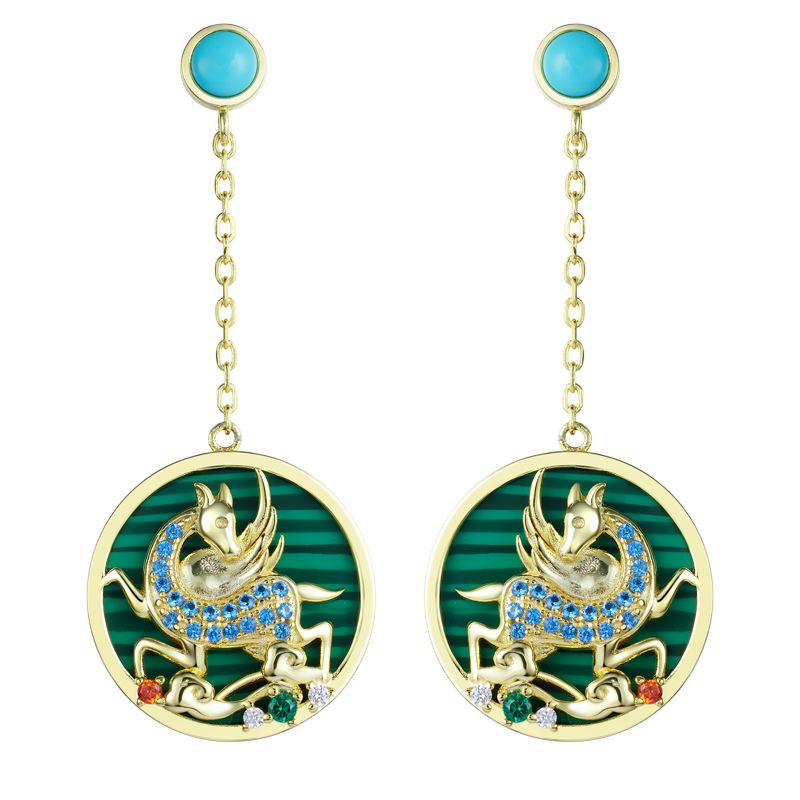 Dunhuang Wind Wing Horse Earrings 925 Premium Earrings Malachite Turquoise Earrings Female 925 silver